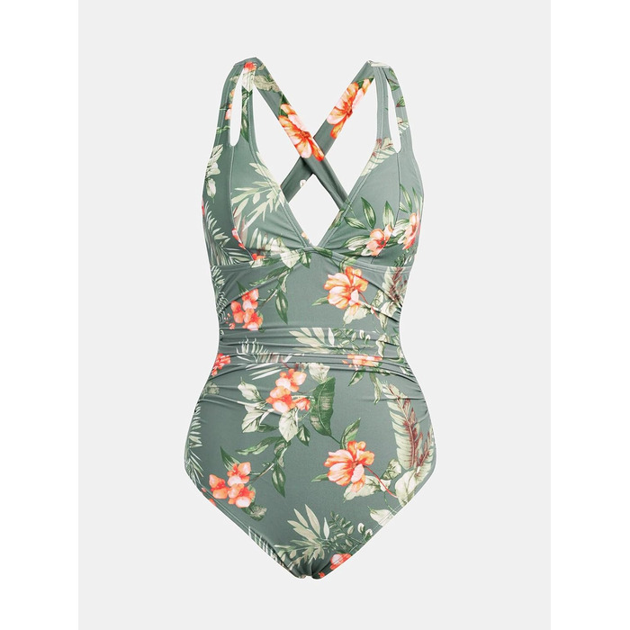 Купальник CUPSHE з V-подібним вирізом, корегуючими складками та глибоким вирізом на спині, одноцільний, оливковий/тропічний, для жінок