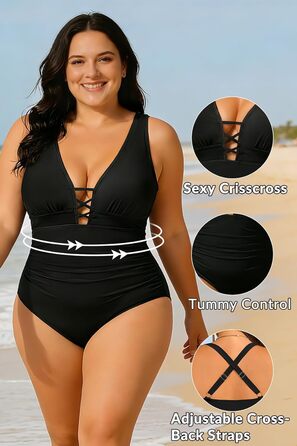 Купальник суцільний жіночий Yonique Plus Size, корейка з шнурівкою, V-подібний виріз, слімінг ефект, чорний