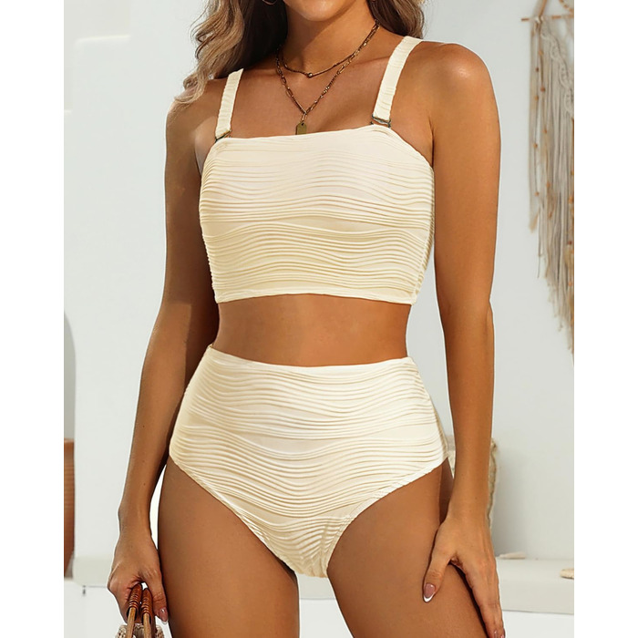 Світшотний бікіні-сет з високою талією – без бретелек, двочастинний купальник, трикотажний, довгий, повне прикриття, жіноча купальна білизна XL, бежевий