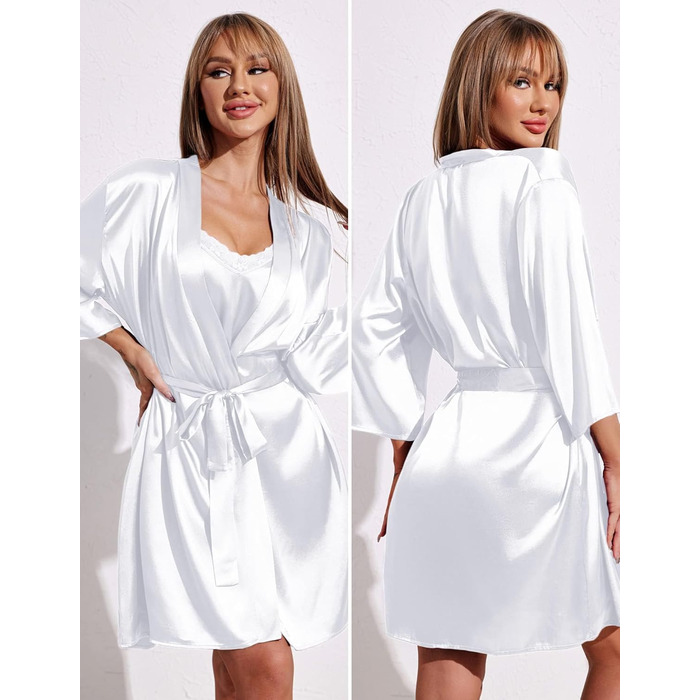 Світло-білий атласний халат та нічна сорочка Ecouaer (2 шт., M) - комплект для дому та сну