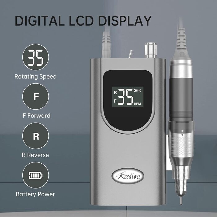 Електричний апарат для манікюру та педикюру 35000 об/хв, акумуляторний фрезер для гель-нігтів з LED-дисплеєм та набором з 6 насадок, білий