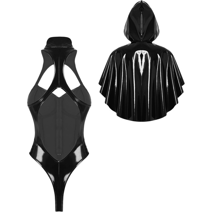 Латексний боді з капюшоном та лакованим шкіряним покриттям для жінок, готичний костюм, чорний, XL