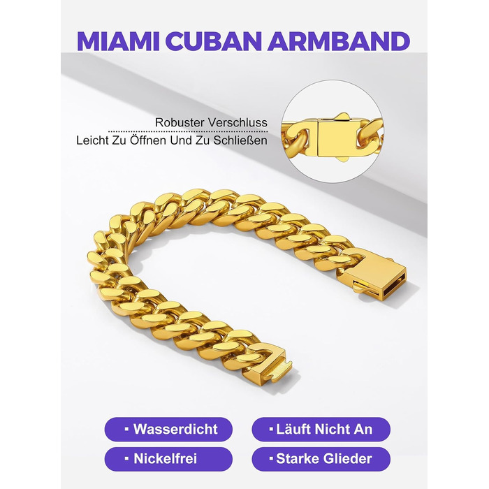 Чоловічий сталевий браслет Richsteel Cuban Link (кубинський ланцюг) з подарунковою коробкою, золотий, ширина 12мм, довжина 23см