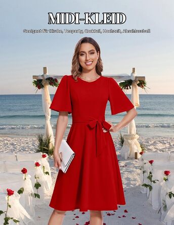 Елегантна жіноча сукня міді Bboninedress для коктейлів та вечірок, червона сукня з коротким рукавом та поясом для весіль та свят (XL, червоний)