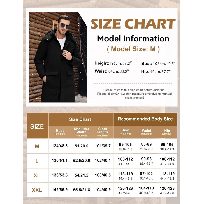Чоловіча зимова куртка TOMEEK: теплий подовжений парка, вітрозахисний стібаний пуховик з капюшоном та кишенями, чорний, розмір XL