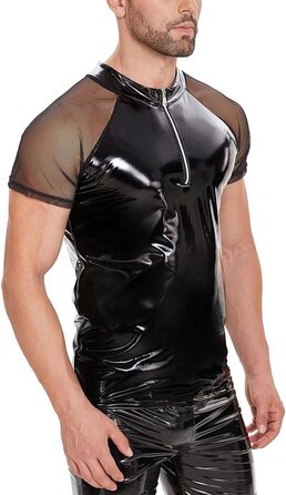 Чоловіча сексуальна футболка з екошкіри, батал, S-5XL, блискуча ПВХ шкіра, прозора сітка, блискучий латексний короткий піджак для чоловіків, чорний, 4XL