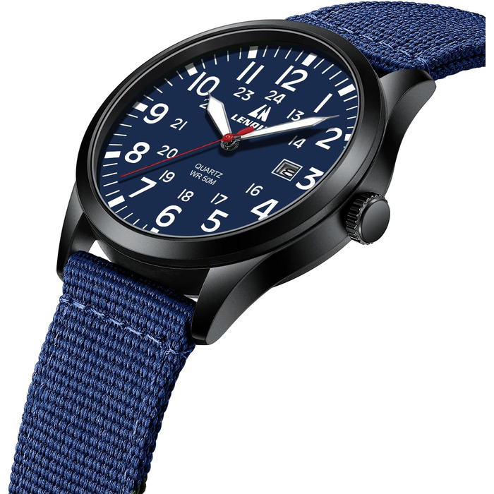 Чоловічий тактичний годинник Military Quartz: водонепроникний (3ATM), аналоговий кварцовий годинник з календарем та нейлоновим ремінцем, синій
