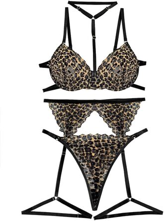 Сексуальний комплект нижньої білизни Lilosy з чокером, мереживо з квітковим візерунком, пуш-ап, стрінг, для жінок, прозорий бюстгальтер та трусики, 3-частинний, XXS, мереживний леопардовий принт