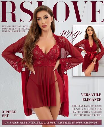 RSLOVE Сексуальний жіночий комплект нижньої білизни: мереживний халат, нігліж, боді з сітки, 3 шт. - Вишневий