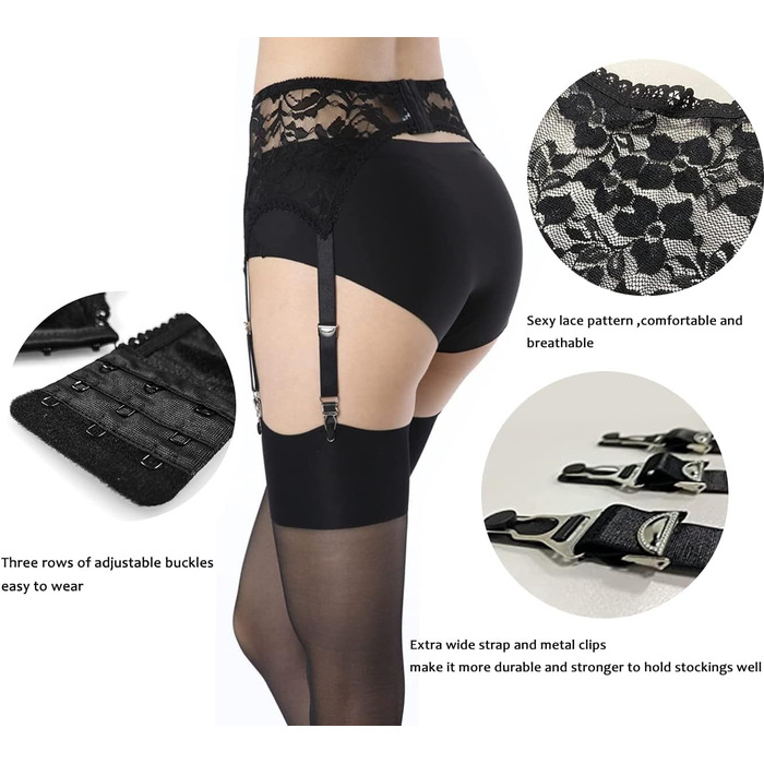 Жіночий ремінь-стріп-гурт з 6 гачками Klönkee, широкий, чорний, з мереживом