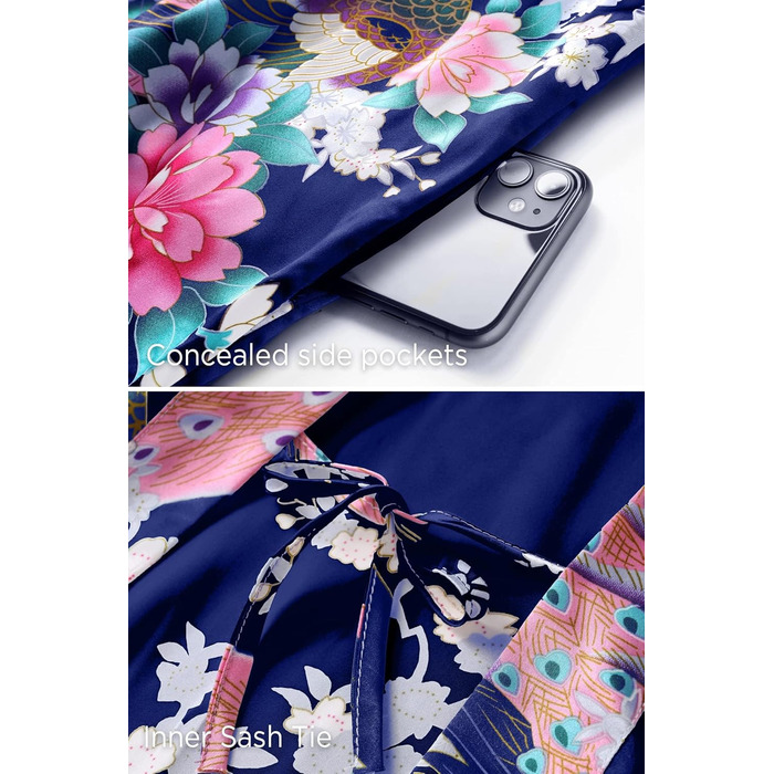 Халат жіночий довгий шовковий атласний, кімоно з принтом павича, BABEYOND, для дому, вечірки, універсальний розмір, білий/темно-синій