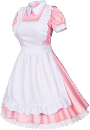 Костюм для косплею в стилі Аніме Лоліта, Французька служниця, Комплект з 6 предметів (Спідниця, рукавички, головний убір, шкарпетки), Синій (S, Рожево-червоний)