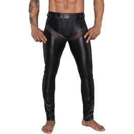 Чоловічі штани з еластичного матеріалу (wetlook) чорного кольору з сітчастими вставками та кишенями. Модель Gogo/Fetish.