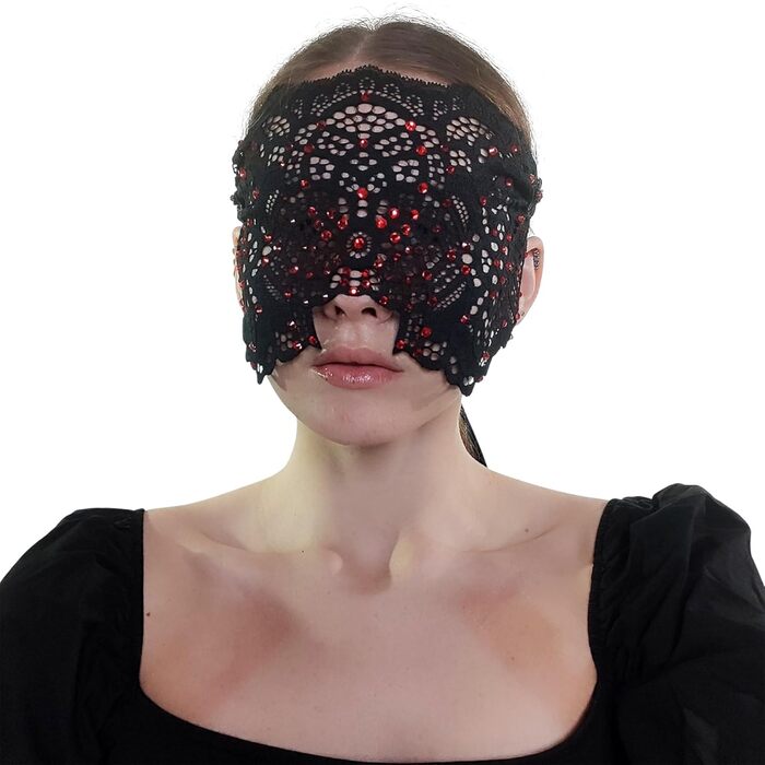 Ручна вишита мереживна маска на обличчя з камінням для жінок, чорна маска для маскараду, балу, карнавалу, весілля, бурлеску, косплею, Марді Гра (чорний колір з червоними каміннями)