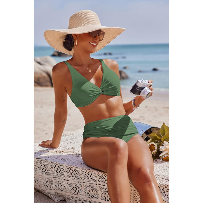 Бікіні Ecouaer для жінок: комплект з високою талією, корегуючий ефект, push-up, двокомпонентний, армійного кольору (L)