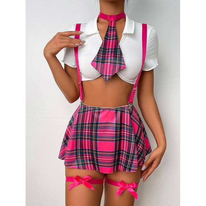 Жіночий комплект нижньої білизни JFAN: ролеплеї, міні-спідниця, рожевий в клітинку