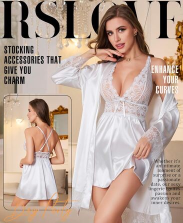 Спокуслива нічна сорочка Babydoll RSLOVE з мереживом та сатину, біла, розмір XL