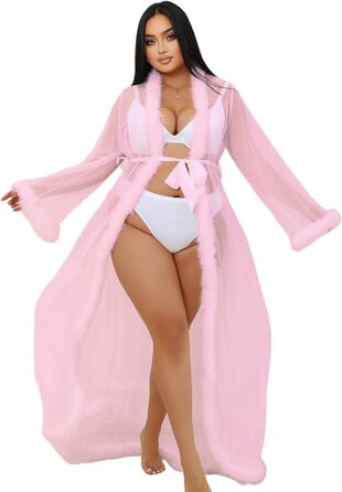 Жіночий халат з пір'ям Ohyeahlady: сексуальний кімоно, довгий, прозорий, мереживний, великі розміри 3XL-4XL, рожевий