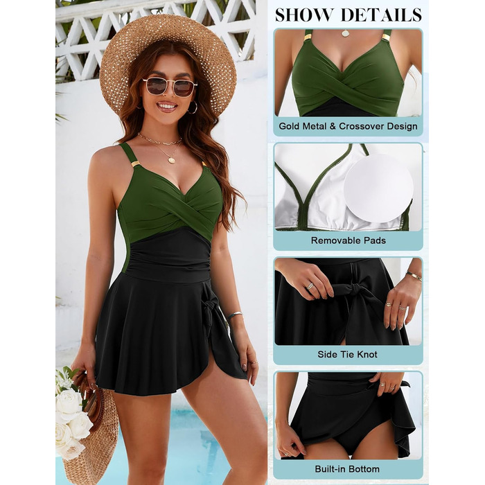Купальник жіночий Badeanzug одноцільний з драпіруванням, животик, V-подібний виріз з підтримкою грудей, плаття для плавання Swimdress, літній, пляжний, чорно-зелений, XL