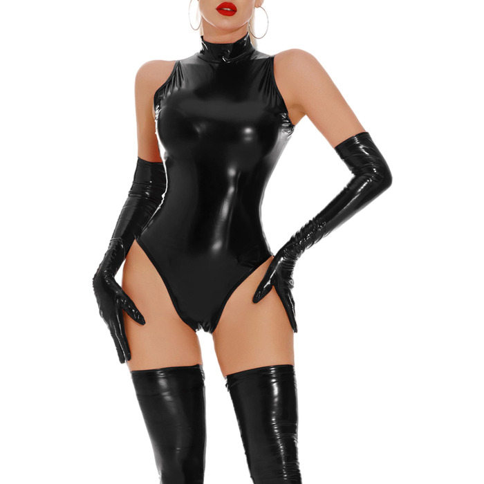 Боді з латексу FEOYA для жінок, блискучий, без рукавів, з високою талією, на блискавці, чорний, S