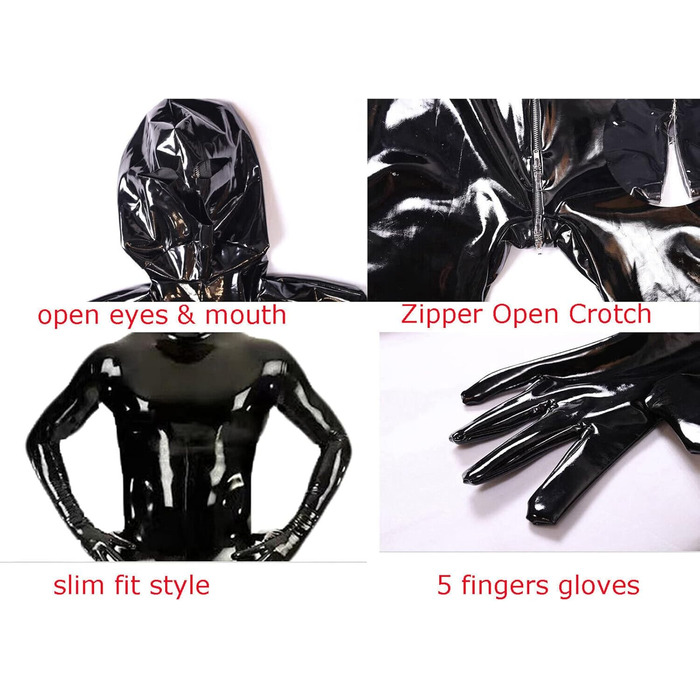 Комбінезон чоловічий блискучий PVC шкіра, костюм кота, повний боді з блискавкою, catsuit з рукавичками, чорний, XL