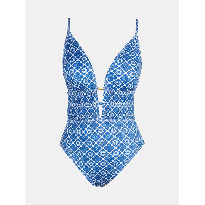 CUPSHE купальник з глибоким V-подібним вирізом, на зав'язках, з текстурою, однотонний (L, блакитний/білий, геометрія)