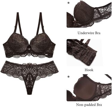 SHEKINI Комплект нижньої білизни для жінок: мереживний бюстгальтер та труси, знятні бретелі, пуш-ап, кісточка, сексуальна спідня білизна, стрінги, танга, колір коричневий, розмір 75B