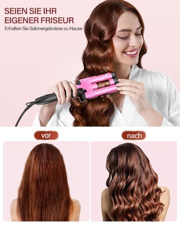Плойка для волосся Welleneisen для створення пляжних хвиль (Beach Waves), 3 барабани, 25 мм, керамічне покриття, з регулюванням температури та рукавичкою, рожева