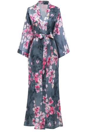 Халат жіночий довгий з атласу, квітковий принт, Babeyond. Ідеальний для дому, відпочинку, вечірок. Розмір універсальний, сірий колір.