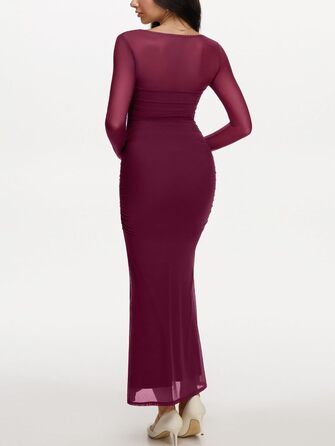 REORIA Макі сукня для жінок з довгими рукавами для гостей на весілля. Прозора сітчаста тканина, квадратний виріз, обтягуючий силует. (Кордован, XS)