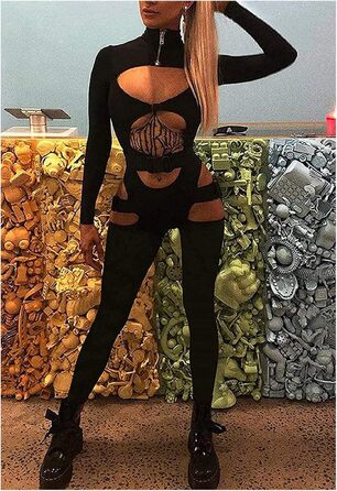 Комбінезон жіночий Sedmoda чорний з довгим рукавом, облягаючий з пряжкою