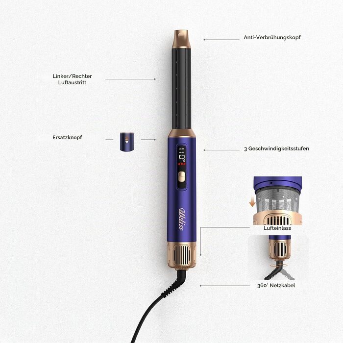 Мультистайлер для волосся 6 в 1 UKLISS Air Styler Set з дифузором, LCD-дисплеєм та насадами для завивки, сушіння та вирівнювання, 1000 Вт, Gold Blue