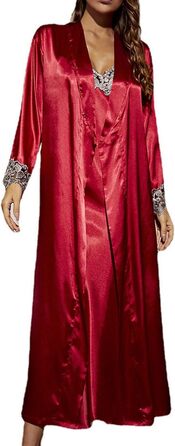 MILAX Комплект жіночої ніжної піжами з мереживом: нічна сорочка, халат, babydoll, халат-кімоно, червоний, XL