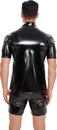 Чоловічі сорочки з екошкіри SDGHH-8MMDM: класичні, блискучі, з ефектом мокрого блиску, м'юслі фіт, короткий рукав, на блискавці, чорні, 3XL