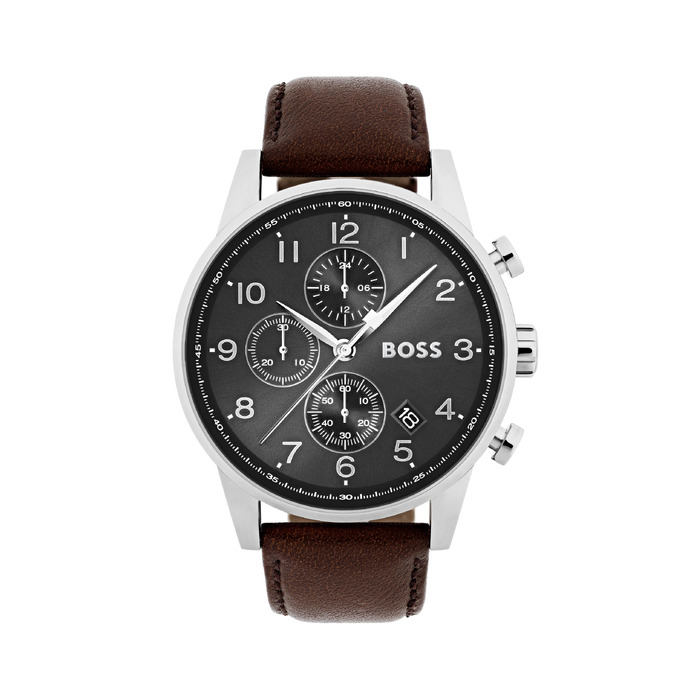 Чоловічий годинник BOSS Navigator Chronograph Quartz зі сталевим міллезаїм ремінцем або шкіряним ремінцем, Коричневий/Сірий