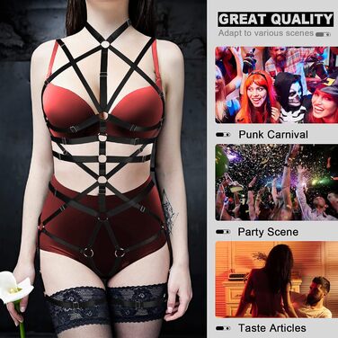 Комплект корсет, бра та стрінг з ремінцями для тіла, чорний, готичний стиль
