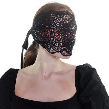 Чорна маска на обличчя з мереживом та стразами для жінок, елегантна венеціанська маска для карнавалу, Хелловіну, косплею, вечірок у костюмах (чорний з червоними стразами)