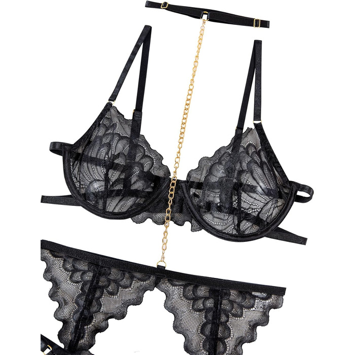 Комплект спідньої білизни Lilosy з чокером, мереживо з квітковим візерунком, Push-up, стрінг, для жінок, прозорий бюстгальтер та трусики, 3-частини (3XS, ланцюжок чорний)