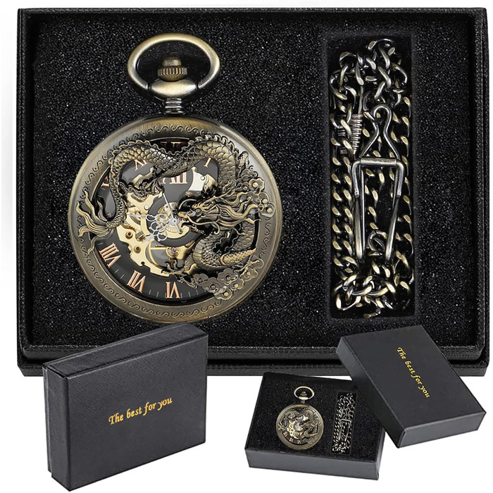 Механічний кишеньковий годинник Tiong Vintage Steampunk зі скелетоном, римськими цифрами та ланцюжком (бронза, чорний) — подарунковий набір з коробкою