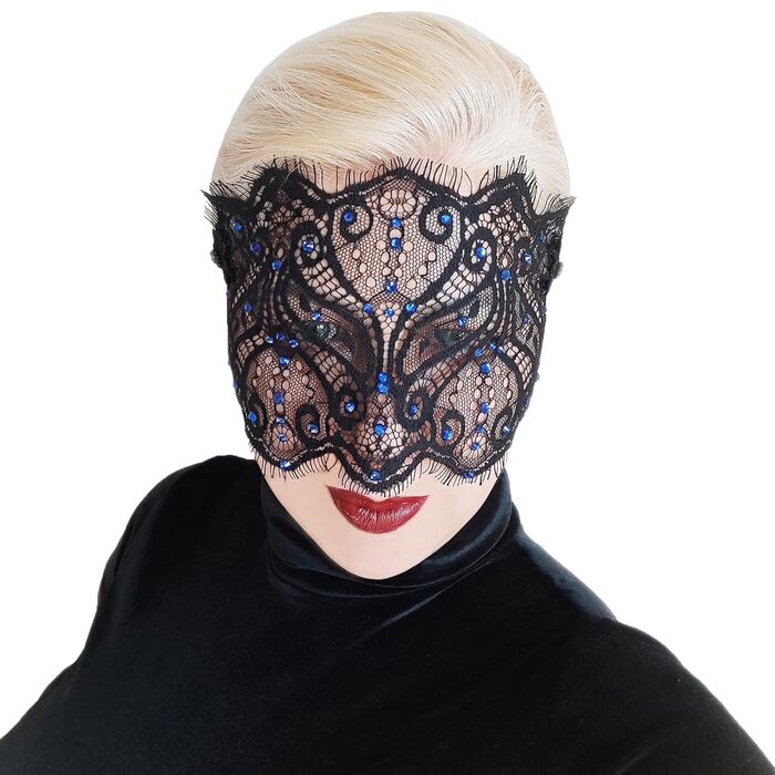 Чорна мереживна маска для жінок з кристалами - елегантна венеціанська маска для карнавалу, вечірки в готичному стилі, косплею та особливих подій - ручна робота (чорний колір з блакитними стразами)
