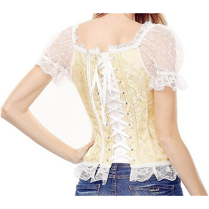 Корсет топ бюстєль для жінок, повні розміри, атлас, квіткова мереживо, шнуровка, білий, артикул 2550 (S, 8108Gelb)