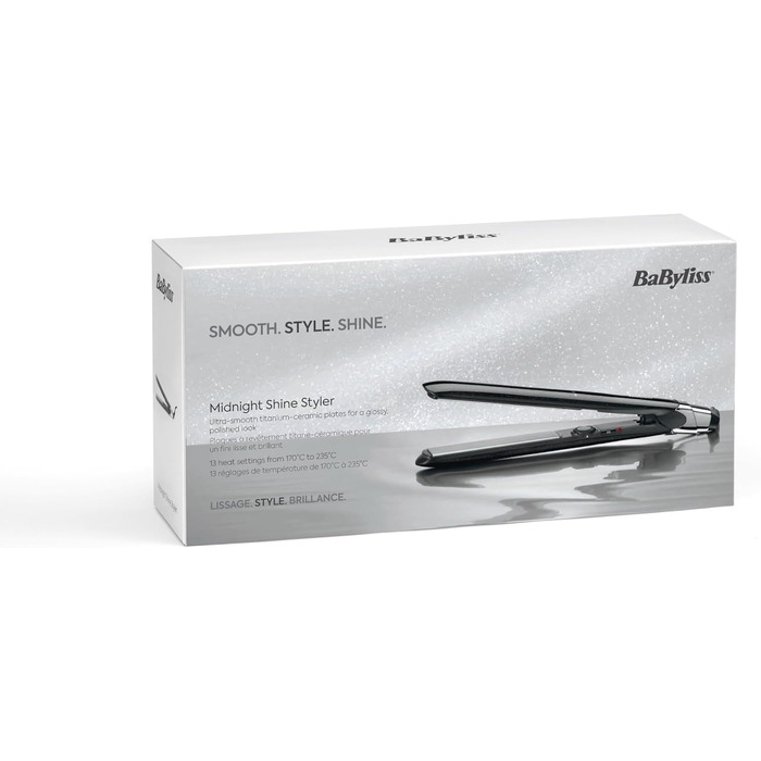Випрямляч для волосся BaByliss Midnight Shine ST590E з титано-керамічними пластинами, 13 рівнів температури (170–235°C), подовжені пластини, ефект анти-фриз, чорний