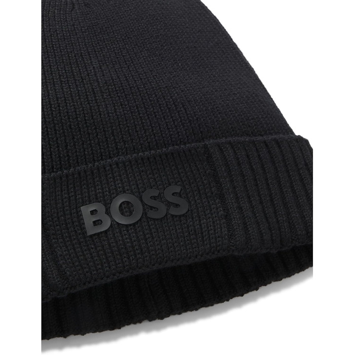 Чоловіча шапка-біні BOSS Asic Beanie-X з бавовни та віргинської вовни з логотипом, чорна, універсальний розмір