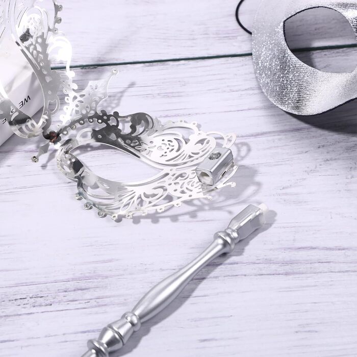 Венеціанська маска для пари JewelryWe з держаком, металева маска з кристалами Swarovski для карнавалу, Хелловіну, вечірки-маскараду (срібна)