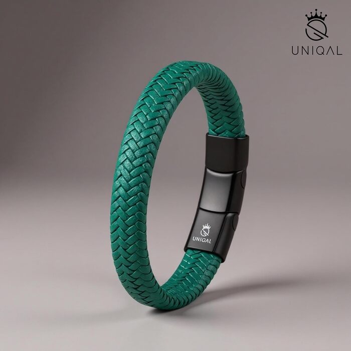 Чоловічий шкіряний браслет UNIQAL 'BRAID' з нержавіючої сталі, плетений, чорний з зеленим, 21 см (у подарунковій коробці)