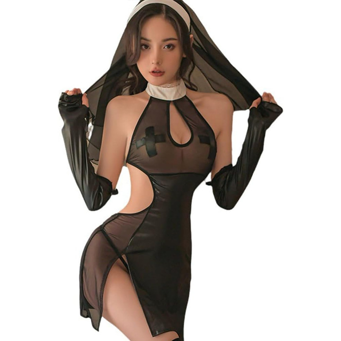 Костюм для косплею JasmyGirls: сексуальний образ черниці, дівочий наряд, дівочий костюм, карнавальний костюм, набір для Хелловіну (Сріблястий, X-Small - Medium)