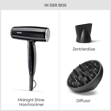 Фен для волосся BaByliss Cosmos D580DE з дифузором, 2100 Вт, іонізація, 3 температурні та 2 швидкості обдуву, сріблястий (Black Sparkle)