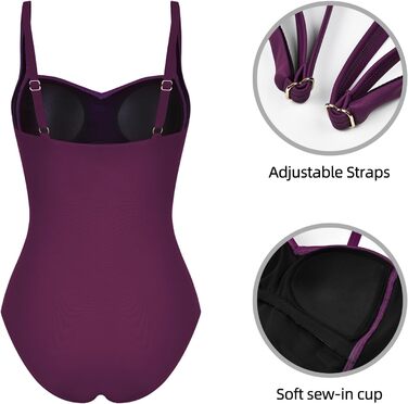 Купальник жіночий одноцільний з животом, квадратний виріз, пуш-ап, вінтажний, з рюшами, для схуднення, великі розміри, монокіні (38, V-фіолетовий)