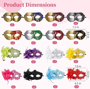 Набір масок для карнавалу 32 шт. з пір'ям та стразами, напівмаски для святкування, з стрічками