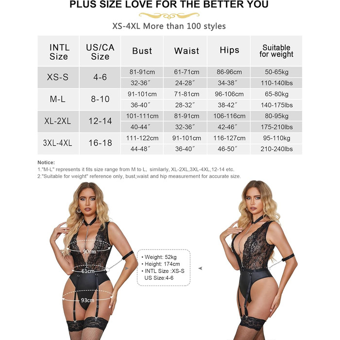 Жіночий комплект спідньої білизни Sunshinelady з мережива, глибокий V-подібний виріз, тедді, штучна шкіра, відкритий промеж, боді з мереживними шкарпетками та ланцюжком, розмір 32-46, чорний, 16-18